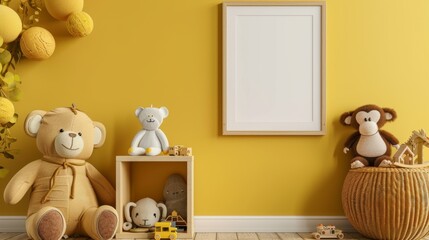 Close-up view of a child's room with a yellow wall and mock-up poster frame, featuring plush toys, a monkey, and a rattan sideboard, aesthetic home decor