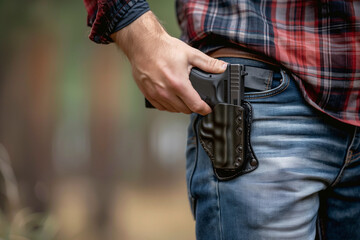 Man drawing a conceal carry pistol from a holster