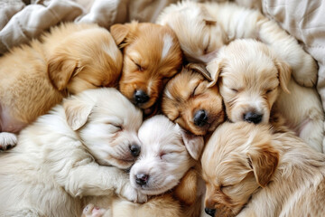 A pile of adorable puppies cuddling together, their soft fur creating a warm and inviting scene