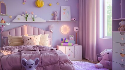 Close-up of a kids' room interior in soft purple, promoting creativity with playful furniture, themed bedding, and interactive wall decals