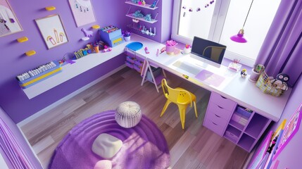 Close-up of a creative kids' room in lavender, enhanced with bright colors, playful furniture, an art supplies station, and safety features