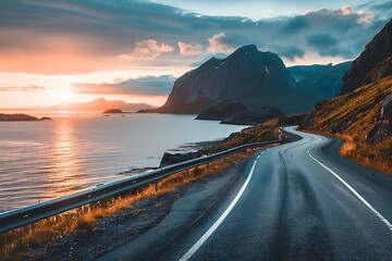 A coastal road in Norway, with the sea on one side and cliffs to another, bathed by the golden...