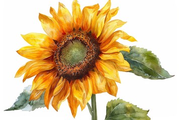 Big sunflowers in bloom Bright yellow flower petals bathed in the warm sunlight. Realistic watercolor style on white background.
