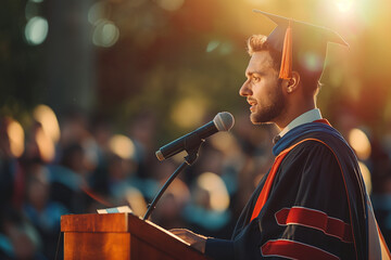 Fototapeta premium Man giving graduation speech to other graduated people while wearing traditional college regalia and gown