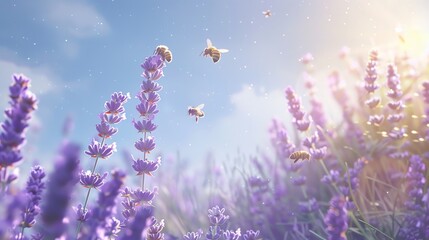 Lavender and bees, soft sky blue background, environmental awareness magazine cover, soft backlight, centered and lively