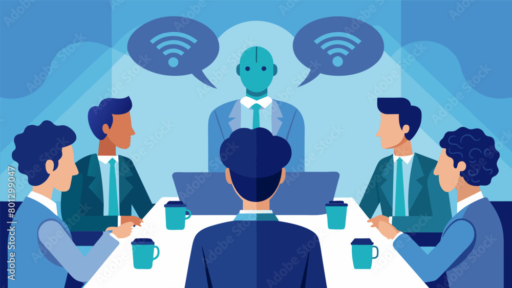 Poster a business conference where exeives keep their neural interfaces on silent mode allowing for a more 