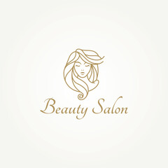 beauty salon with the face of a beautiful woman with lovely flowing hair line art label logo vector illustration design. simple modern beauty salon, hair salon and cosmetic logo concept