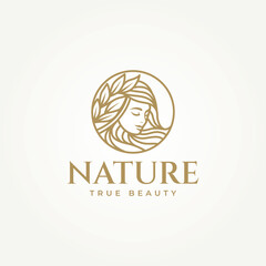 beautiful woman wearing leaf crown line art label logo vector illustration design. simple modern beauty center, fashion boutiques, haircut salon and cosmetic logo concept
