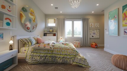 Cheerful kids' room featuring themed bedding, interactive wall decals, and a safe layout with inventive lighting and a cozy reading nook