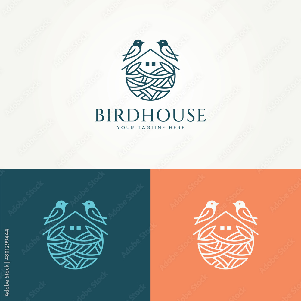 Wall mural minimalist bird's nest line art label logo vector illustration design. simple modern bird house logo concept