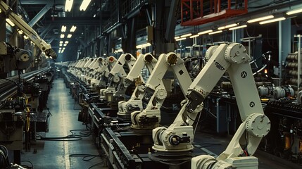 Robotic efficiency: a line of automated arms working in synchronized harmony to assemble vehicles. - obrazy, fototapety, plakaty