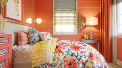 Cheerful coral-themed kids' room showcasing space-saving storage solutions, themed bedding, and interactive wall decals, vibrant home decor