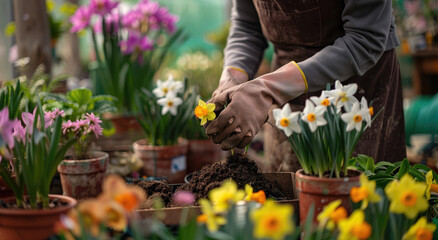 A close-up shot shows hands planting flowers in pots, with various flower types and colors visible...