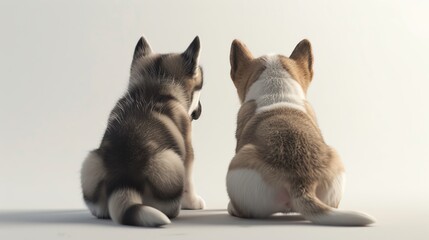 Design a photorealistic scene featuring the behind views of charming puppies like a fluffy Husky and a wrinkly Bulldog against a pure white background