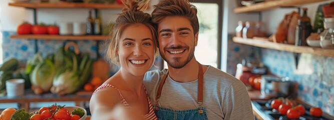 In their home kitchen, a young couple was preparing vegetables while snapping a selfie. They were content and smiled at each other.