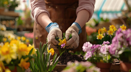 A close-up shot shows hands planting flowers in pots, with various flower types and colors visible around the scene