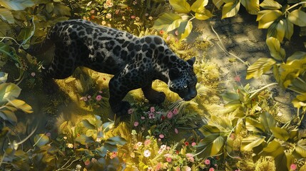 Illustrate the majesty of a panther from above