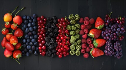 A creative assortment of colorful berries on a dark background. - obrazy, fototapety, plakaty