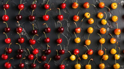  Cherries creatively displayed on a dark slate background.