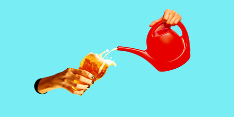 Hand holding glass of lager foamy beer while another hand pouring liquid from red watering can on blue background. Contemporary art collage. Alcohol drink, surrealism, celebration, creativity concept