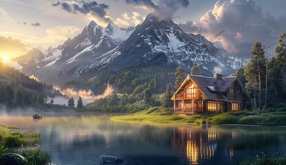 A wooden house in the mountains, surrounded by trees and a misty lake. Warm light shines on it from...