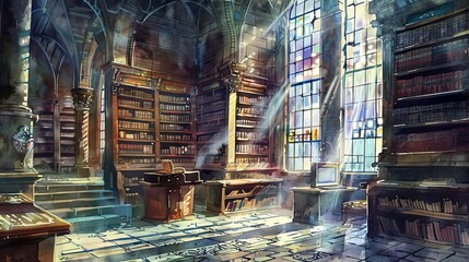 magical library in a fantasy world featuring a large window, tiled floor, and a brown wooden desk