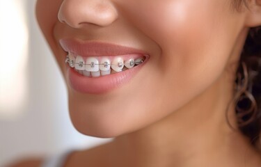 Obraz premium An image of a woman grinning up close with braces on her teeth