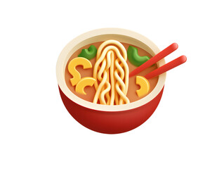 3d illustration of noodles with vegetable toppings in a red bowl