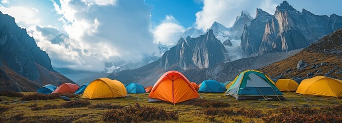 Vibrant Mountainside Camping Tents - obrazy, fototapety, plakaty