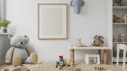 Boy's room designed for comfort and play, including a mock-up poster frame, plush toys, and a neatly organized white desk with wooden blocks
