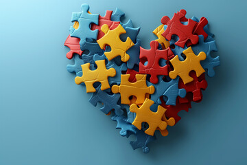 Heart made from blue, yellow, red puzzles on light blue background. World autism awareness day concept. Top view, copy space, 3d, illustration