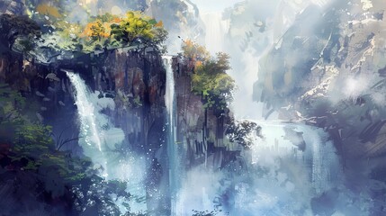 majestic waterfall cascading down a rocky cliff, surrounded by lush greenery and a clear blue sky