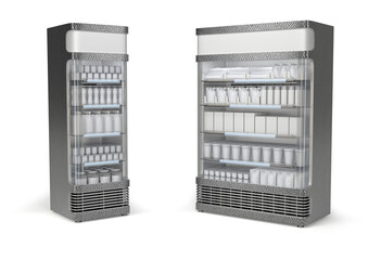 Retail fridge with glass doors and blank dairy products in plastic packaging and glass jars. 3d illustration set on white background