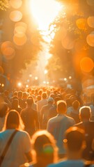 Sun glare image light blurring abstract background of a multitude of people on a sunny summer street