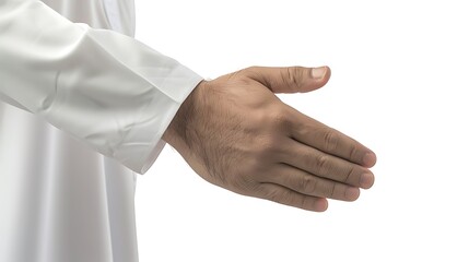 Arabic man wearing a Saudi bisht and traditional white shirt, hand gesture: about to shake hands.