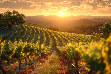 A summer vineyard field at sunset 