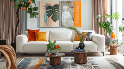 Artistic and modern living room scene with a design boucle sofa as the centerpiece, complemented by an array of colorful decorations and plants, chic and personalized