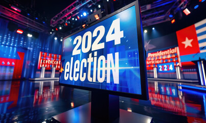A digital sign with the words "2024 Presidential election" on it, set against a television studio backdrop with blue and white lights. The background is decorated with red flags of various countries.