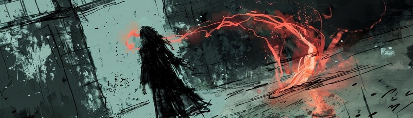 A dark figure with long hair stands in a ruined city. The figure is surrounded by a bright red energy field.