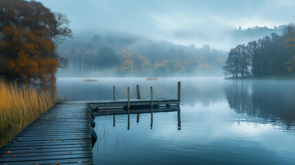 Naklejka premium Beautiful misty autumn morning at the Lake district