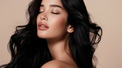 Beautiful woman with healthy and sleek long hair for hair beauty products commercial.