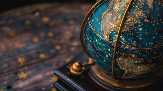 Close-up of a celestial globe depicting the positions of stars and galaxies in the night sky, a valuable tool for astronomers and stargazers alike.