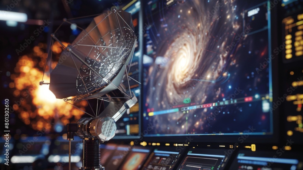 Poster Close-up of a computer screen displaying real-time data from a radio telescope, capturing signals from distant galaxies billions of light-years away.
