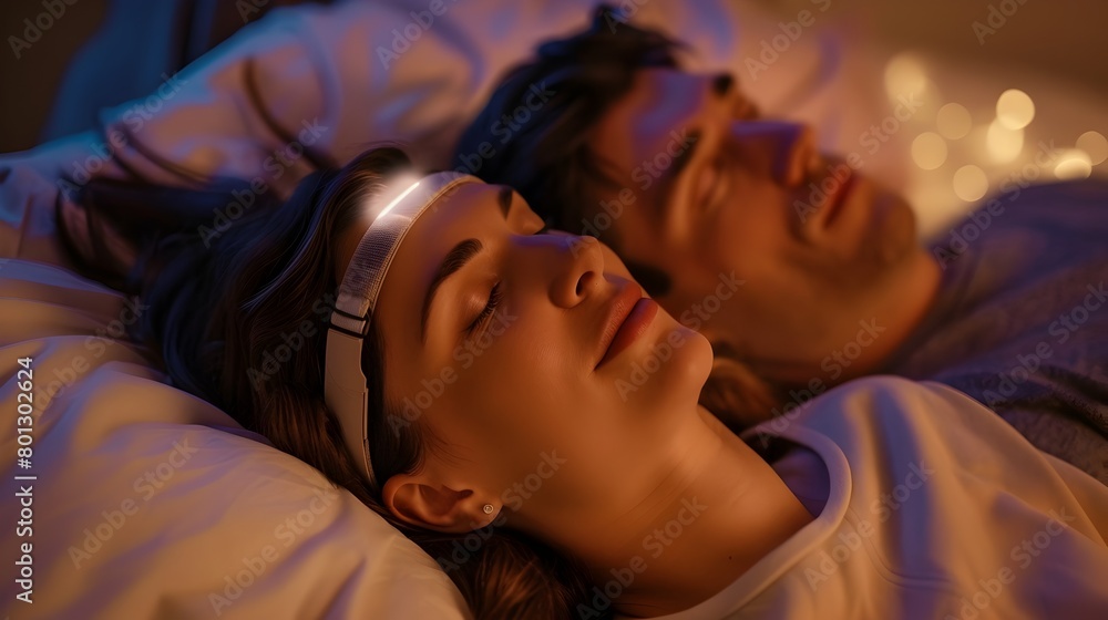 Aufkleber sleeping couple monitored by non-invasive brain wave tracker for sleep pattern analysis