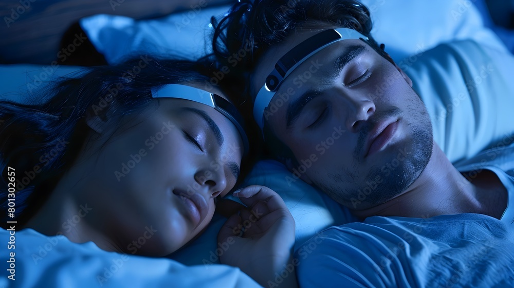 Aufkleber couple sleeping with unobtrusive sleep tracking bands monitoring their sleep patterns for improved