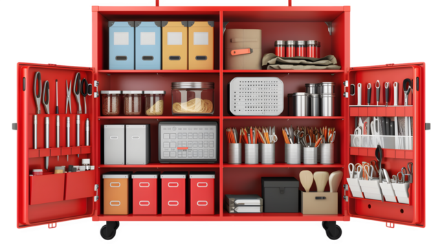 Office Supply Cabinet with Organizational Labels for Workspace Organization, Isolated on White, Transparent Background, PNG File, Hand Edited Generative AI