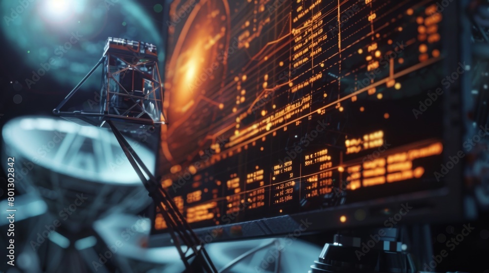 Poster close-up of a computer screen displaying real-time data from a radio telescope, capturing signals fr