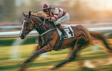 Fast-moving jockey riding a racehorse