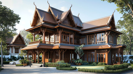 Obraz premium Traditional wooden house located in a serene neighborhood, showcasing intricate architectural details and lush greenery in the morning light
