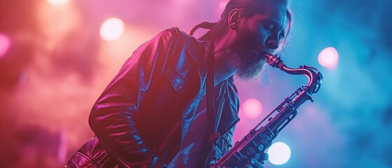 Onstage musician performing on the saxophone - obrazy, fototapety, plakaty